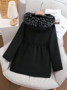 黑色休閒風大領口人造毛領派克大衣，適合前青春期女孩，百搭日常穿搭與旅行，保暖加厚冬季夾克 - 黑色 - 查看 2