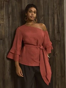 Linhara CURVE 大码女式优雅日常通勤宽松斜肩长袖喇叭袖口收腰衬衫 - 紅木色 - 查看 7