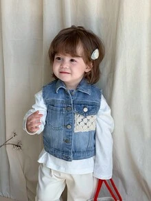 DAZY Baby Girl Lace Patchwork Casual Denim Vest With Lapel - Blue - View 5