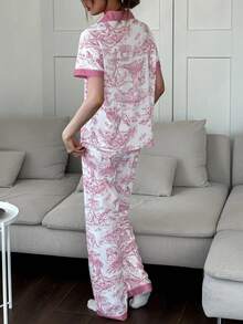 SHEIN 中国风动植物印花撞色拼布翻领短袖睡衣套装真丝睡衣套装女士睡衣套装粉色睡衣套装印花睡衣套装动物印花睡衣套装 - 粉色 - 查看 2