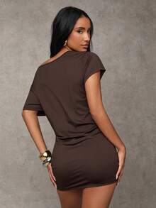 SHEIN BAE 夏季不对称领口连衣裙/棕色迷你裙适合派对/海滩度假连衣裙/夏季旅行/海岛度假连衣裙/女士生日连衣裙 - 鏽棕色 - 查看 2