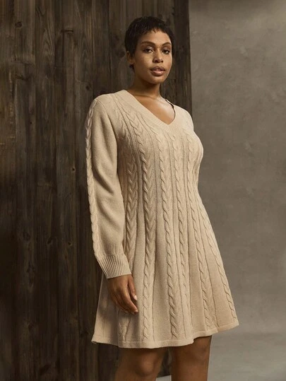 Linhara Plus Size Solid Color Knit Casual Dress, Autumn/Winter Fall