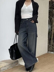 DAZY 女士宽松直筒牛仔裤，休闲街头风，带保暖内衬，冬季款 - 深色水洗藍 - 查看 5