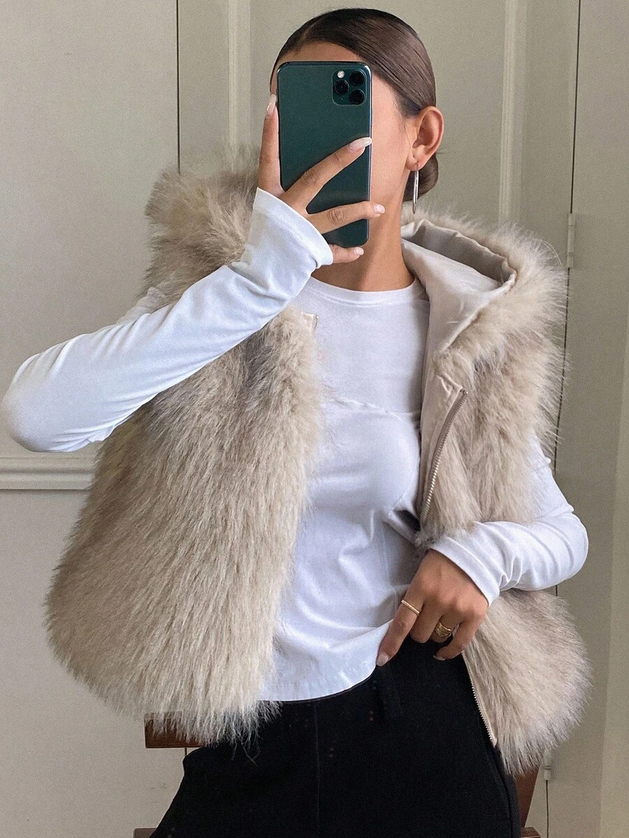 DAZY 女士无袖连帽仿皮草外套，宽松休闲街头风冬季背心女式大衣 - 卡其色 - 查看 1