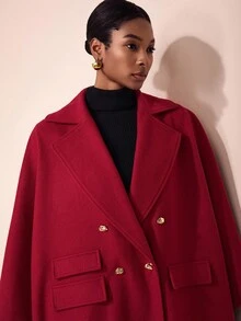 Zivah Early Autumn/Winter New Styles For Birthday Parties, Graduation Season, Daily Outings, Basic, Versatile, Casual Vacation, Cruise Travel, Internet Celebrities, Popular, Casual, Elegant, Commuting, Casual, Street Party, OL Style, Lapel, Fake Pocket Decoration, Cape-Style Knee-Length Woolen Coat, Metal Buckle Decoration, Burgundy Woolen Coat, Ladies' Woolen Coat -A - Burgundy - View 6