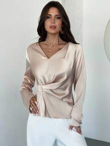 Firerie 女士休闲优雅褶皱仿丝缎衬衫，适合日常、通勤和商务穿着/秋季女装/返校/返校女装/教师衬衫/外出上衣/夜间外出/商务休闲女装/优雅知性女装 - 香檳色 - 查看 6