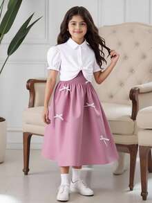 2 件套女童白色泡泡袖衬衫 + 舒适牛仔效果蝴蝶结装饰背带裙，适合日常外出