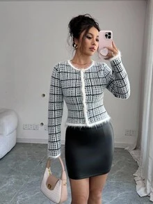 Elenzga Cardigan feminino elegante e romântico xadrez, gola redonda, manga comprida - Multicolorido - Ver 2