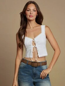 WESTFADE 100% 纯棉 V 领蝴蝶结前襟褶饰后背修身无袖飘逸背心可爱夏季上衣 - 白色 - 查看 1