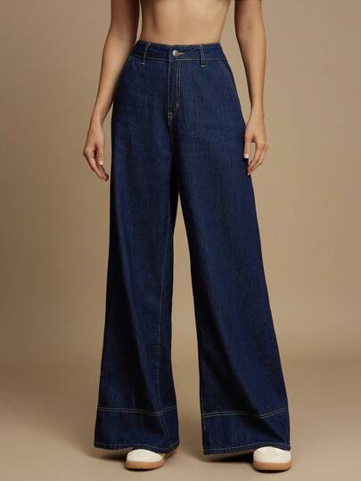 WESTFADE 中腰宽松阔腿纯棉牛仔裤，适合返校季，可爱秋装，夏季乡村音乐会