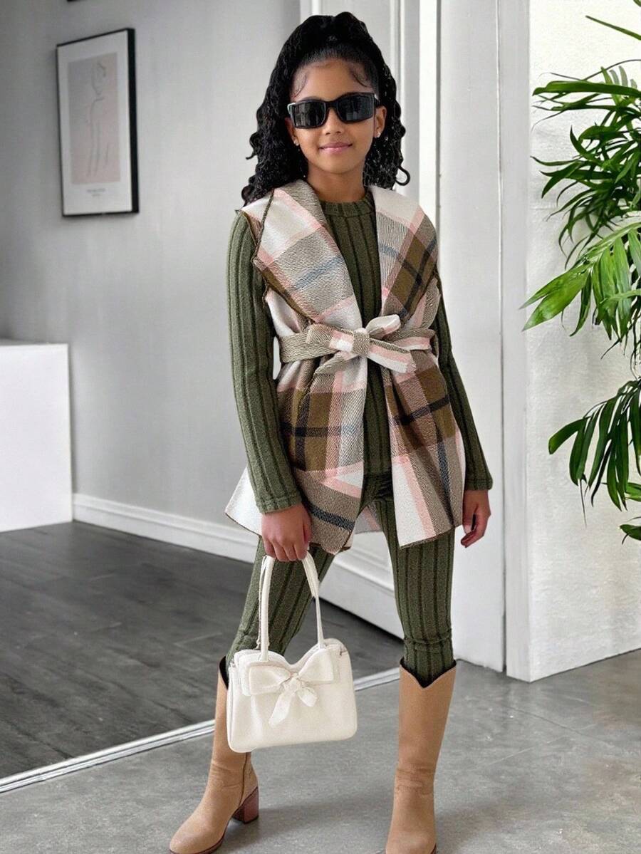 Sparklyn Bộ 3 áo vest kẻ caro thường ngày cho bé gái tuổi teen kèm thắt lưng + quần legging dài tay có gân, trang phục đa năng phù hợp để mặc hàng ngày, đi học mùa thu đông - xanh quân đội - Xem 1