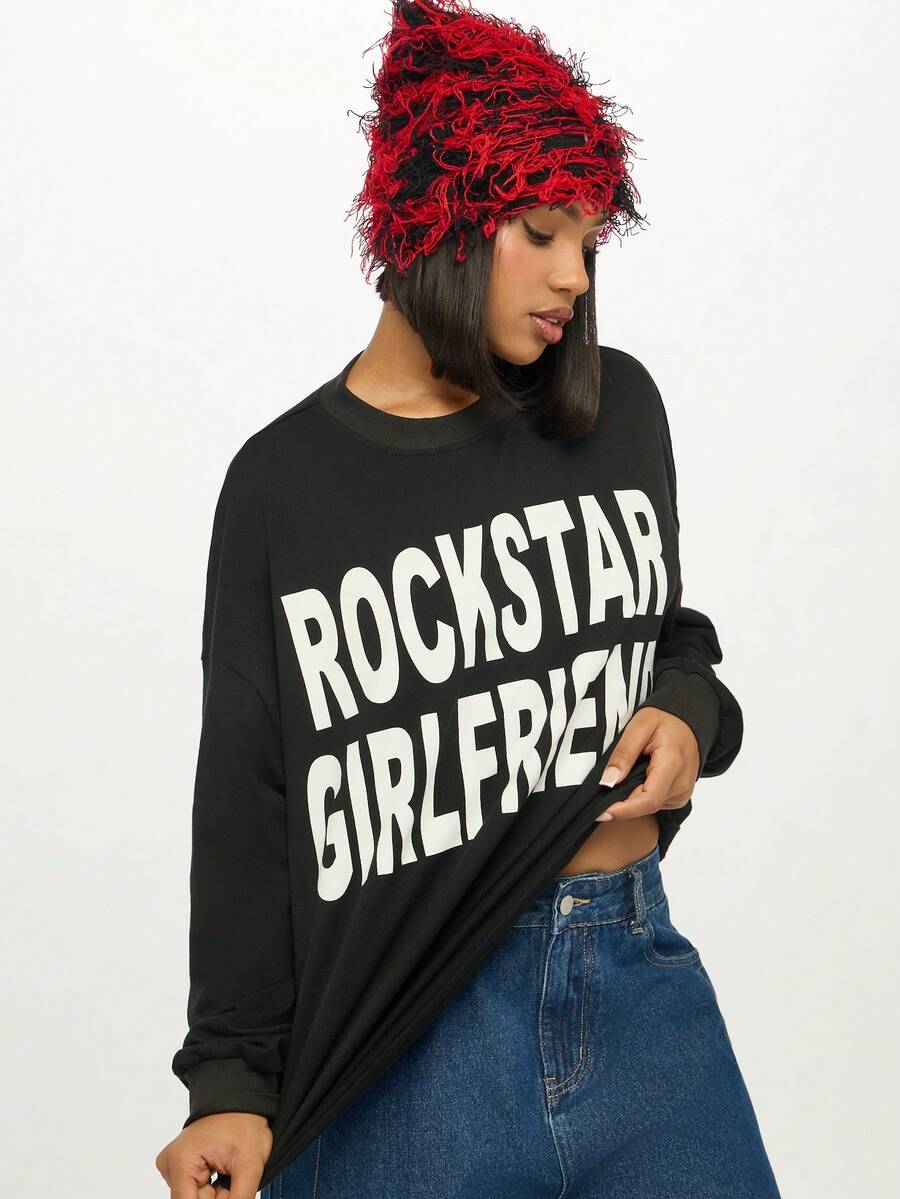 SUMWON WOMEN Rockstar Girlfriend 长袖图案 T 恤，超大码男友风格棉混纺个性上衣，适合休闲周末装 - 黑色 - 查看 1