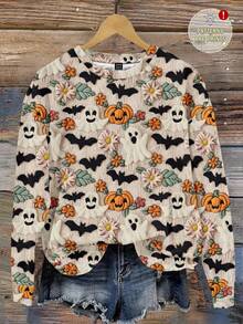 SHEIN LUNE Lässiger minimalistischer Plüsch-Halloween-Geister, Kürbisse, Fledermäuse, süße Gänseblümchen & Blumen Allover-Muster Loose Fit Crew Neck Langarm Sweatshirt für Damen, geeignet für Herbst/Winter, Halloween, Herbst - Verschiedenfarbig - Übersicht 1
