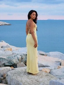 Yess Loren Women's Solid Color Simple Stylish Sweater Jumpsuit Dress, Suitable For Summer - Yellow - View 4