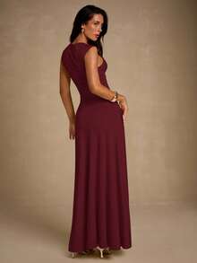 Glamine 女士优雅性感扭纹 V 领收腰长裙，浅黄色，适合派对、日常穿着、花园聚会 - 酒紅色 - 查看 4