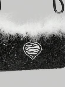 ROMWE Kawaii A Party-Style Hot Girl White Fringed Decorated Black Sequin Shoulder Bag, A Cool Girl Party Dinner Bag, Suitable As A Gift For Valentine's Day, Wedding Season, Birthday Or Festival, A Heart Decorated Party Underarm Bag - Multicolor - View 4