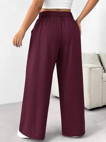 SHEIN PETITE CURVE Quần ống rộng cài nút màu trơn cỡ lớn cho mùa thu/đông - Màu Đỏ Sâu - Xem 2