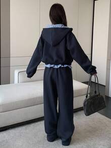 DAZY 女士宽松拉链连帽外套和裤子两件套运动服套装，女士休闲家居服套装 - 藏蓝色 - 查看 5