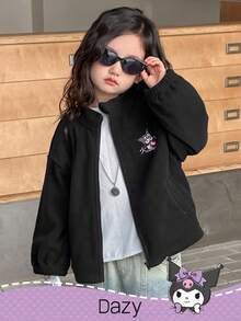 DAZY HELLO KITTY AND FRIENDS | SHEIN 少女立领刺绣卡通字母图案拉链外套，秋冬 - 黑色 - 查看 1