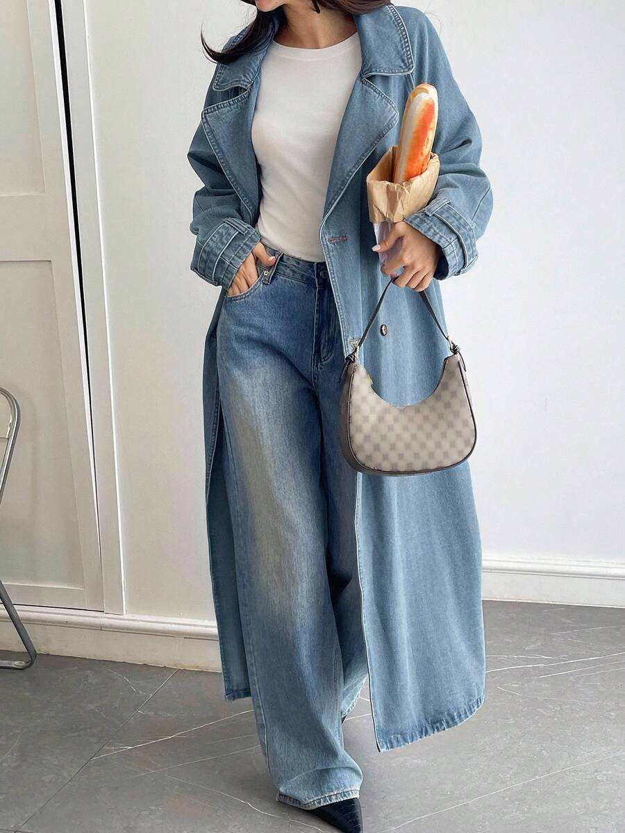 Livesso 女式收腰牛仔风衣外套，秋季 - 藍色 - 查看 1