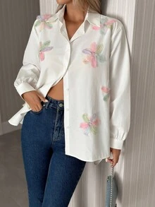 EURMUSE 高码 3D 花朵图案优雅上衣 - 白色 - 查看 1