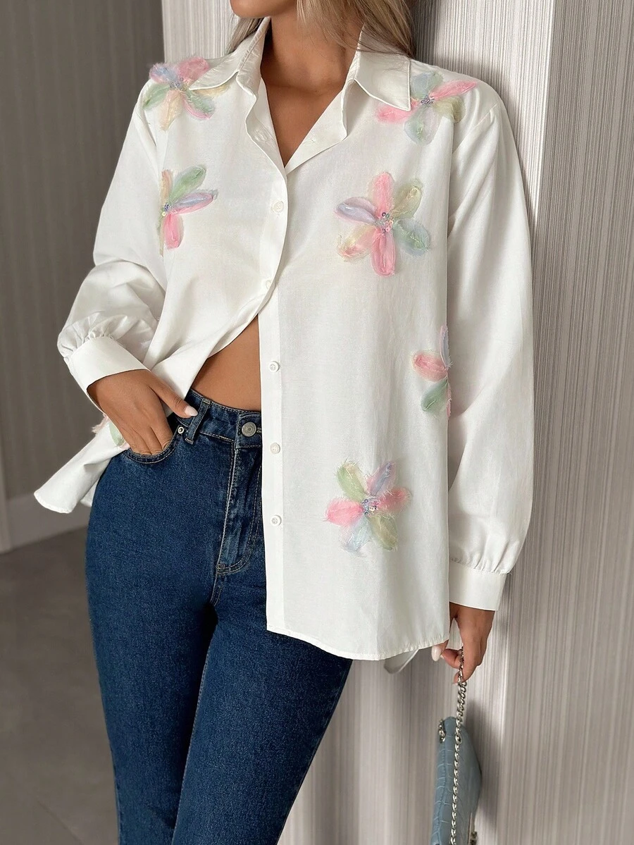 EURMUSE 高码 3D 花朵图案优雅上衣 - 白色 - 查看 1