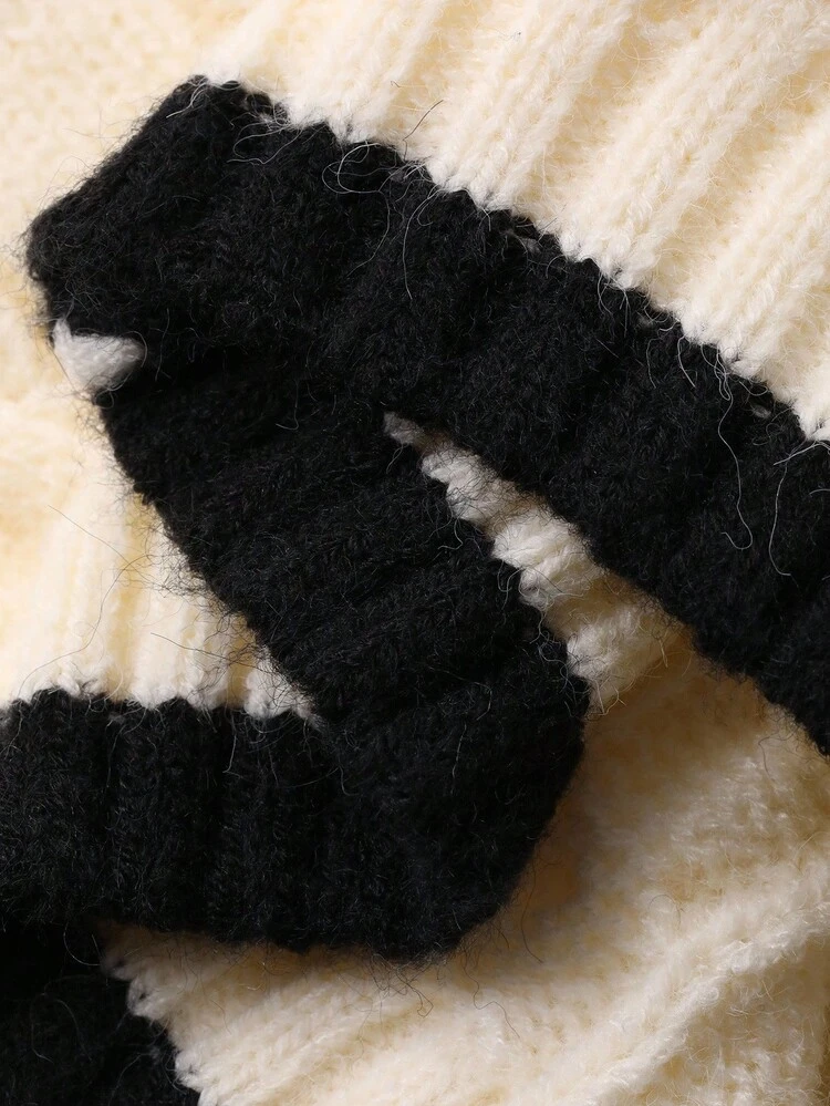 Baby Girls' Simple & Comfortable Black & White Contrast Korean Style Long Sleeve Sweater Fall,Winter Toddler Girls Clothes