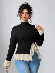 Elenzga Elegantes Damen Oversize T-Shirt Top im französischen Stil in Schwarz & Weiß Kontrast, weiße Rüschenborte am Ausschnitt, Rundhalsausschnitt