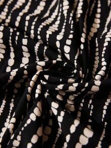 Écloséra 法式复古休闲不对称波点印花交叉V领收腰侧系带开衩黑色连衣裙，春秋 - 黑色 - 查看 6