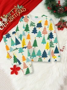 2pcs Christmas Pajamas For Toddler Boys, Crew Neck Long Sleeve Top And Pants Set, Colorful Christmas Tree Print, Soft Knit Fabric, Tight Fit - Multicolor - View 3