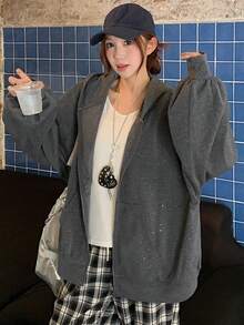 DAZY Women's Hooded Sweatshirt, Shiny Fabric, Long Sleeve, Loose Fit, Casual, Thermal Lined Hoodie Sweatshirt Fall/Winter