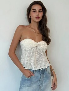 Aloruh 浪漫性感杏色扭纹纹理抹胸短款上衣 - 杏色 - 查看 8
