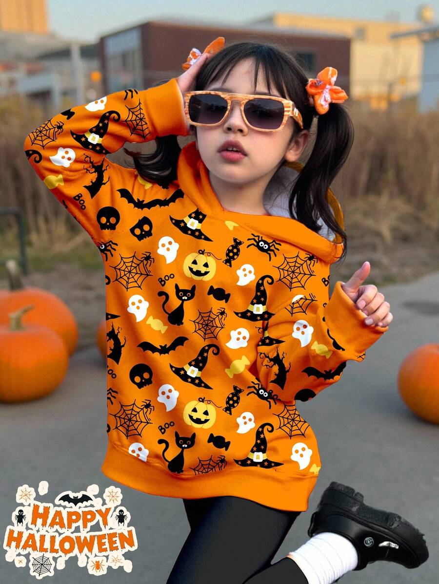 SHEIN Sweat-shirt à capuche à manches longues pour jeunes filles, style décontracté et minimaliste, élégant, chapeau de sorcière étoilé, joli chat noir, araignée, elfe, tête de citrouille, imprimé graphique, coupe ample, confortable, à porter au quotidien, idéal pour l'automne et l'hiver, déguisement d'Halloween, déguisement de diable, vêtements d'Halloween pour tout-petits, t-shirt d'Halloween pour garçons, nuits d'horreur d'Halloween, vêtements d'Halloween, pyjama d'Halloween