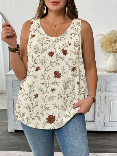 EMERY ROSE Women's Plus Size Summer Allover Floral Printed Tank Top Graphic Tees Women Tops