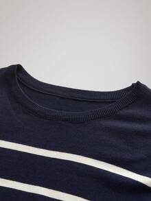 OFFICEAU Men Striped Crew Neck Knit T-Shirt, Minimalist Fashion Casual For Daily Wear, Old Money Spring To Summer - Navy Blue - View 4