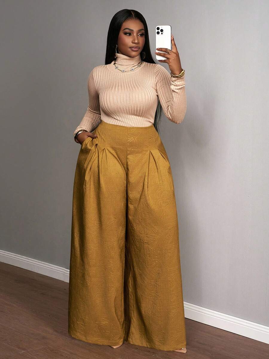 Slaydiva 2025新款女大码高腰宽松阔腿裤压花面料适合外出日常穿着时尚单品休闲时尚搭配 - 卡其色 - 查看 1