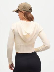 Easify SHEIN Sport كارديجان نسائي بسحاب وكابوشون بأكمام طويلة باللون الكريمي، كارديجان قصير، كارديجان نسائي بكابوشون، كنزة صوفية نسائية بكابوشون