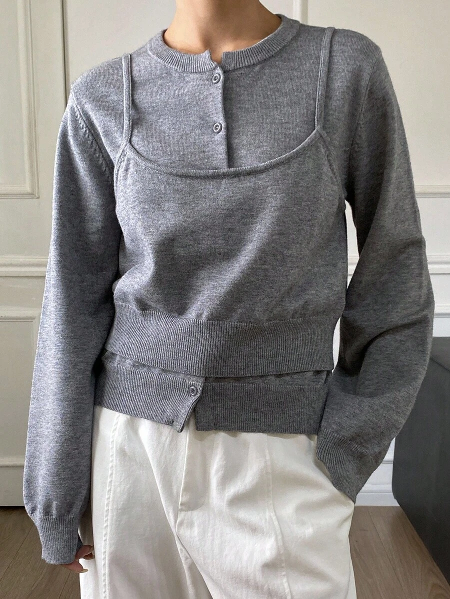 Livesso Women's Autumn Long Sleeve Cardigan And Camisole Sweater 2 Pieces Set - Grey - View 1