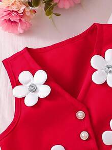 Elladie kids Áo sơ mi dài tay màu trắng phong cách học sinh nữ kết hợp với áo vest đen có 4 nếp gấp thủ công, miếng vá hình tam giác ngược và áo vest cài 2 nút có 6 họa tiết hoa 3D, Bộ đồng phục học sinh, Trở lại trường, Mọi mùa - Đỏ - Xem 3