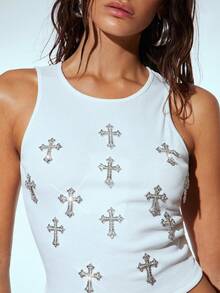 Denimoi Strass Kreuz Dekor Rippstrick Tank Top, Modisch, Süße Sommer Tops, Streetwear, Street Style, Strass Kreuz Top