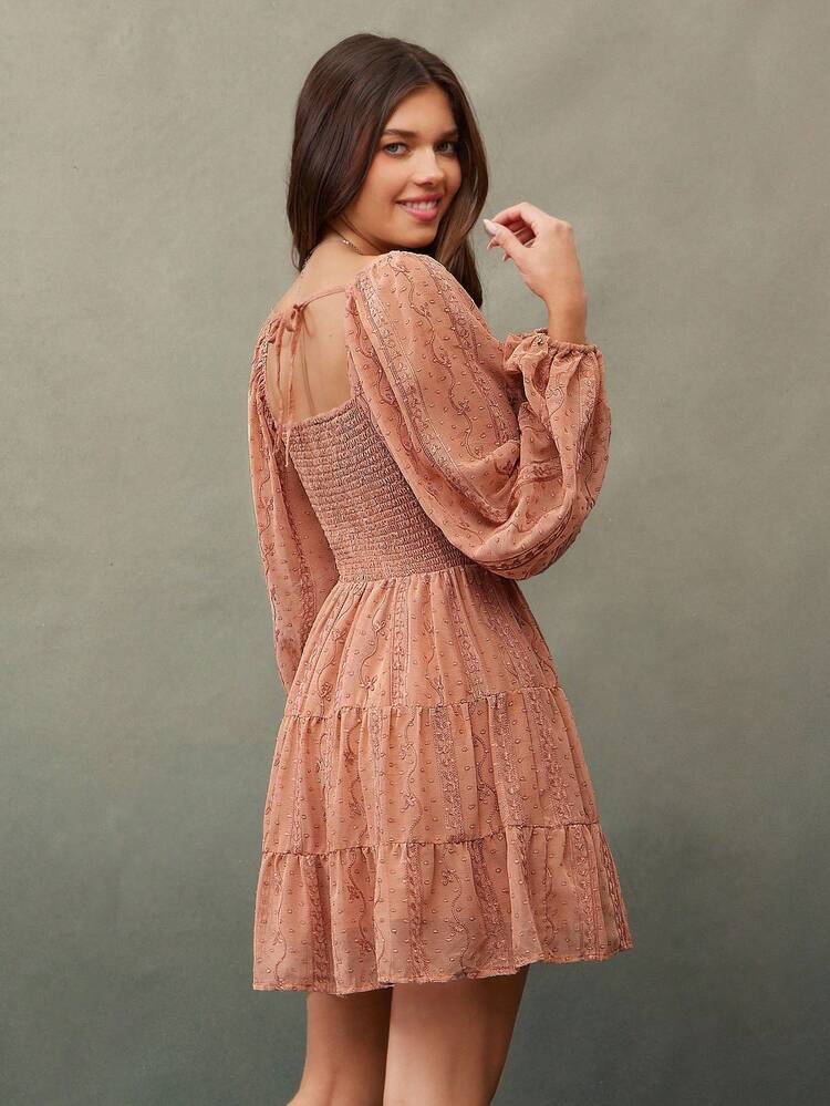 WESTFADE Embroidered Chiffon Sweetheart Neck Bow Tie Front Long Puff Sleeve Smocked Back Tiered Ruffle A Line Mini Dress Cute Fall For Women, Country Concert Outfit, Boho, Casual, Autumn, Winter - Rust Brown - View 2