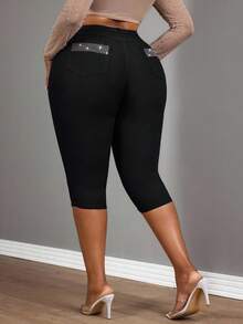 Slaydiva Plus Size Women Black Elastic Rhinestone Embellished Casual Capri Pants - Black - View 3