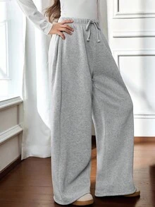 SHEIN Tween Girl 休闲灰色抽绳腰阔腿褶皱宽松厚羊毛运动裤