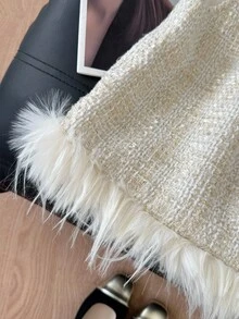 SHEIN Frenchy 女士法式休闲冬季优雅无袖粗花呢面料仿毛皮饰边大衣，适合通勤、日常穿着、冬季女装、派对、新年等场合。 - 杏色 - 查看 7