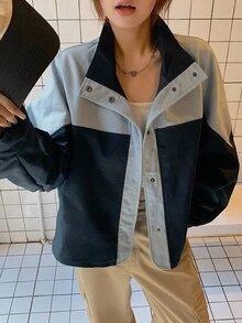 DAZY 女款立領拼色寬鬆短版休閒街頭夾克 秋冬外套 校園風 - 藏蓝色 - 查看 1