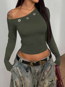 StreetHx Camiseta de manga larga ajustada con decoración de ojales para mujer, otoño temprano
