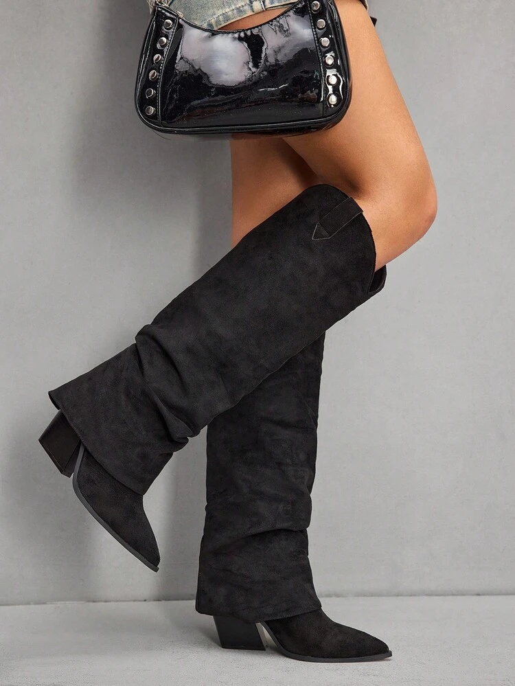 CUCCOO SZL Women's Pointed Toe Black Patchwork Tall Boots, Western Style Stacked Heel Boots