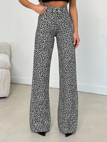 EURMUSE 100% Cotton MID RISE WIDEEG CUT LEOPARD JEAN - Multicolor - View 5