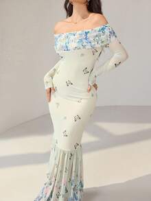Modelyn 女士露肩蝴蝶印花网眼长袖修身连衣裙 - 彩色 - 查看 5