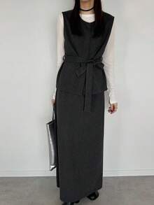 FRIFUL Damski szary top w jednolitym kolorze z paskiem w talii i długą spódnicą, elegancki dwuczęściowy garnitur, strój biznesowy na co dzień dla pań, jesień - Szary - Zobacz 6